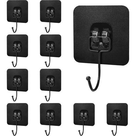 10 ganchos adhesivos impermeables, no requieren perforación, para baño, cocina o techo, color negro.