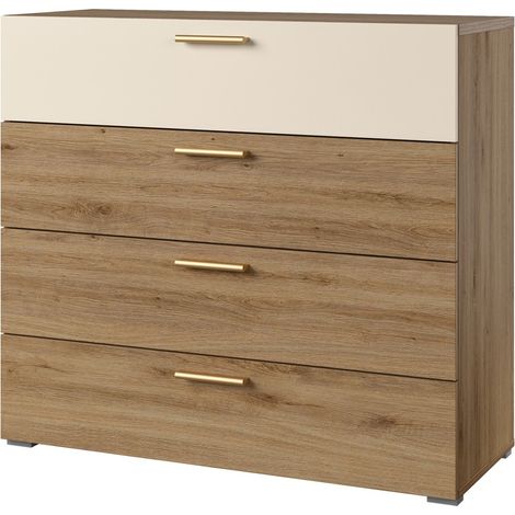 Kommode VERTIGO – 4 Schubladen – Wildeiche und sandbeige – Goldene Griffe