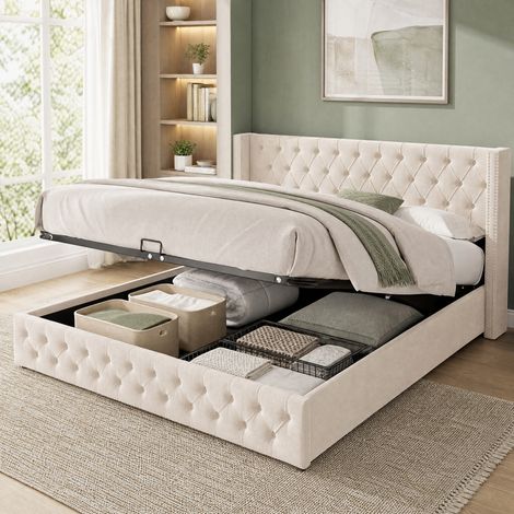 DESMIU Lit Coffre Double 180 × 200 cm avec rangement hydraulique et capitonné, sans matelas, en velours, beige (1/5)