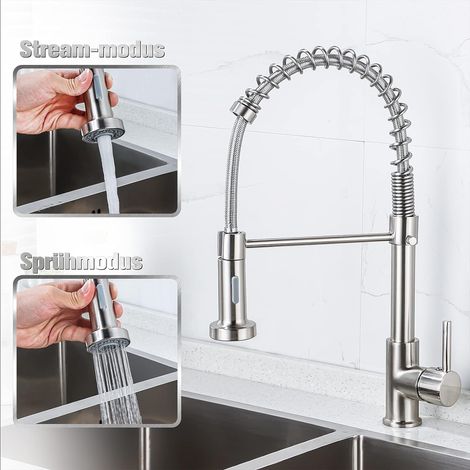 Robinet de cuisine avec douchette, mitigeur pivotant à 360°, ressort en spirale pour évier de cuisine, robinet d'évier en nickel brossé (1/5)