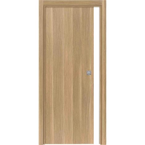 Porte coulissante cloison Matild 93 cm avec cuvette carrée chromée, finition chêne brut structuré - Reivilo