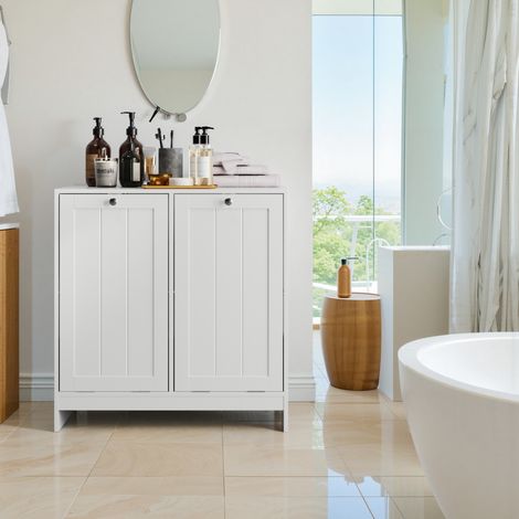 Meuble de rangement à linge basculant avec 2 paniers amovibles, MDF blanc, 66 x 33 x 68 cm HAVRYA (1/5)