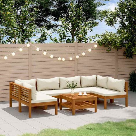 vidaXL Muebles de jardín 7 pzas cojines crema madera maciza de acacia (1/5)
