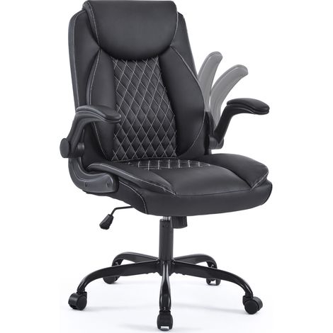 Silla de oficina ergonómica de cuero negro con reposabrazos abatibles y ruedas (1/4)