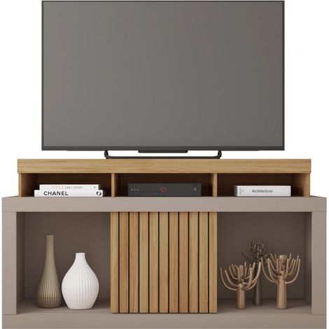 Beaux Meubles Pas Chers – Meuble TV 55 pouces imitation chêne et gris – 1 porte coulissante – 6 roulettes – Dimensions L 136 x H 74 x P 39 cm – Bois certifié FSC (1/5)