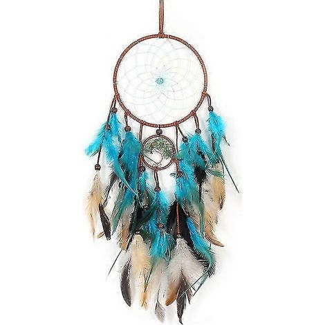 Arbre de Vie Bleu avec Plumes, Guirlande Lumineuse LED Mobile, Fait Main, Traditionnel Indien, Filet Circulaire, Compatible, 1 pièce (1/5)