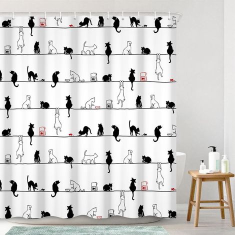 183x188cm Rideau de Douche de Chat Noir Blanc Rideaux de Salle de Bain de Chaton Simple Mignon avec Crochets imperméables Animaux drôles Pet Minimaliste Baignoire Décorations Fournitures (1/5)