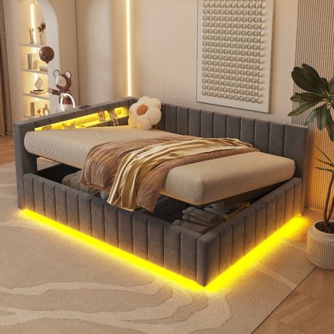 Lit coffre 140x200 en velours gris avec rangement hydraulique, éclairage LED et port USB intégré, tête de lit capitonnée et sommier inclus (1/5)