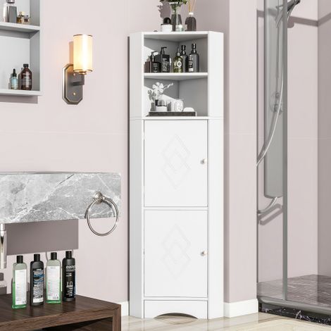 Armoire de salle de bain, d'angle, étroite, avec 2 portes et étagère de rangement ouverte, étagère réglable, 36,5 x 36,5 x 155 cm, blanc (1/5)