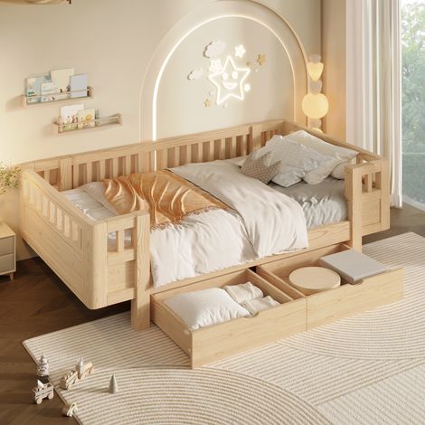 Kinderbett 90x200 cm mit 2 großen Schubladen und hohem Schutzgitter, Holzfarbe HAVRYA (1/5)