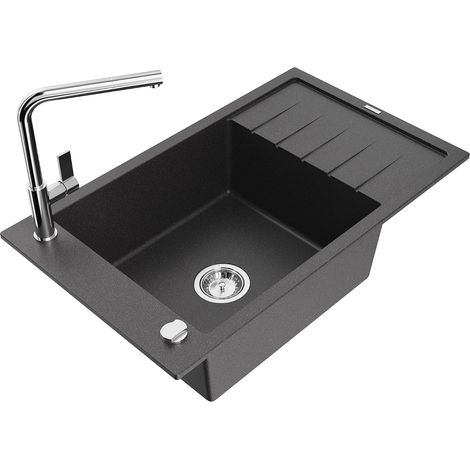 Mexen Elias fregadero de granito de un seno con escurridor y grifo de cocina Flora, negro moteado - 6511-76-670401-00 (1/5)