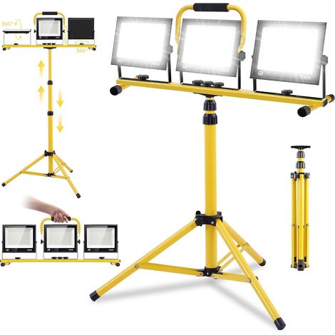 Projecteur Led Chantier 300W avec Trépied et Prise Luminaire Exterieur à Trois Têtes Avec 3m Câble IP65 Étanchéité Blanc Froid 6500K Portable Lampe Chantier pour Atelier Garage Construction (1/5)