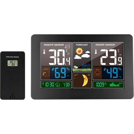 Horloge météo à écran couleur 3378, prévisions météo, ondes radio, température et humidité intérieures et extérieures, écran LCD, rétroéclairage LED, 20,5 x 13 x 3 cm, noir, 1 pièce (1/5)