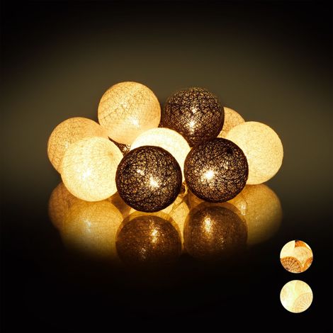 Relaxdays Catena di Luci a LED, 10 Sfere Luminose in Cotone, da Atmosfera, a Batteria, Luci da 6 cm Ø, Bianco-Grigio-Nero (1/5)