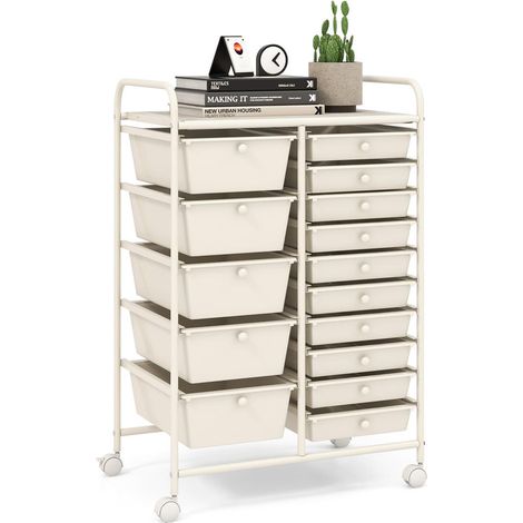Pour Bureau et Maison Maniable sur Roulettes Chariot Tour de Rangement 15 Tiroirs Amovibles Métal Blanc (1/5)