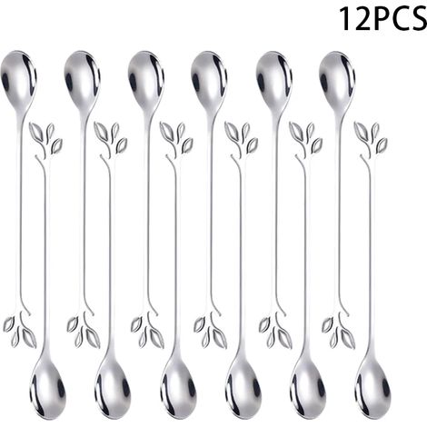 (Ensemble de 12 pièces en argent) Cuillère à thé en forme de feuille, fourchette à thé, couverts à long manche en acier inoxydable, cuillère à glaçons, fourchette longue, cuillère à dessert, fourchett (1/5)