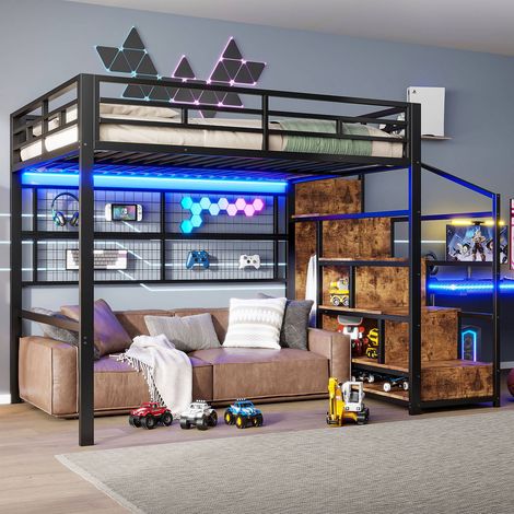 Lit mezzanine 140x200 cm fer noir, armoire, échelle, rangements suspendus, LED 7 couleurs, sans matelas (1/5)