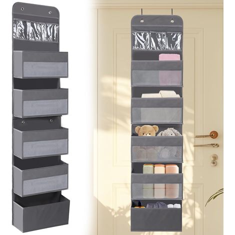 Rangement à suspendre derrière une porte, organisateur à 5 étagères, organiseur de porte avec 5 compartiments de grande capacité pour chambre, salle de bain, chambre d'enfant (gris)