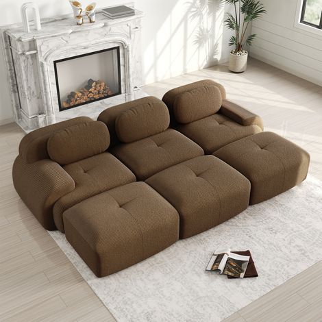 Canapé d'angle modulaire 3 places, 3 poufs velours côtelé marron, sans cadre ni assemblage, idéal animaux, accoudoirs extra-larges, mousse 32D haute résilience pour séjour et cinéma maison. (1/5)