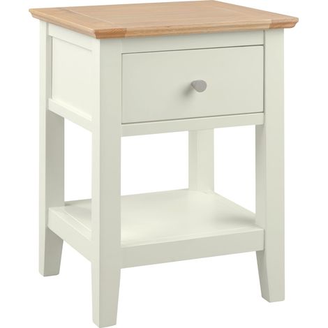 Hallowood Furniture Clifton Painted Off White Wooden Side Table with Drawer and Shelf, Oak Top Coffee or Lamp Table, Fully Assembled Bedside, Living Room or Hallway Furniture