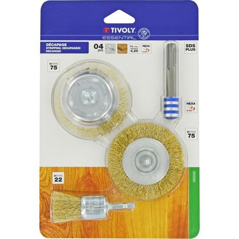 Tivolt Lot 4 pièces : 3 brosses pour bois + 1 adaptateur SDS+