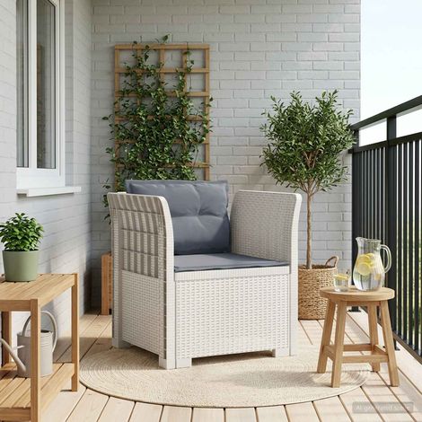 Fauteuil de jardin 1 place en polypropylène aspect rotin avec coussins blanc et gris clair - PANGIVO (1/5)