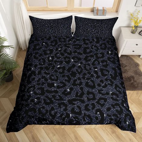 Parure de lit en microfibre avec housse de couette à imprimé léopard, guépard à paillettes pour enfants, garçons et filles, motif géométrique, pour lit super king size, noir (1/5)