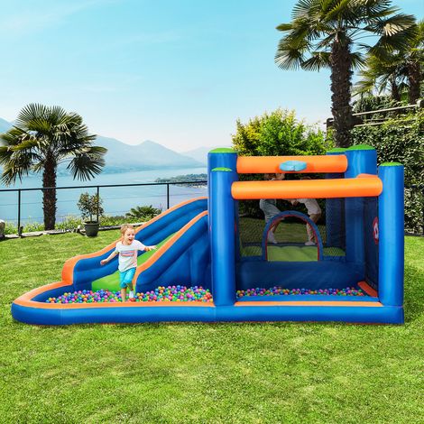 Château gonflable Outsunny avec toboggan, zone de saut et piscine, pompe électrique incluse, pour 3 enfants maximum, 380 x 340 x 170 cm