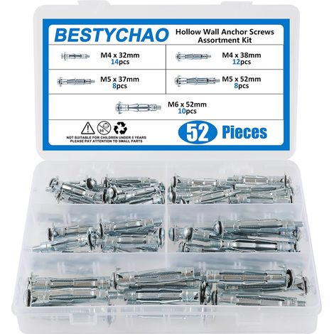 Lot de 52 vis d'ancrage murales creuses en acier zingué robuste, entraînement creux Molly Bolt pour kit d'assortiment de cloisons sèches M4 M5 M6 (1/5)