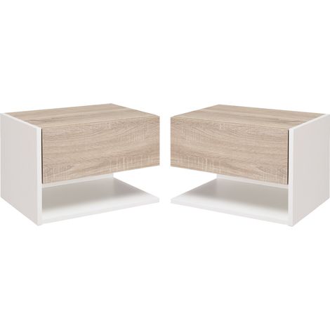 Set di 2 comodini sospesi - Comodini a parete - Cassetto scorrevole - Legno bicolore, rovere chiaro e finitura bianca