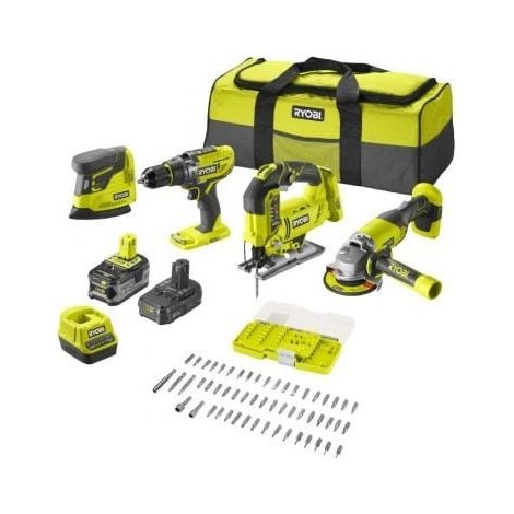 Pack Taladro + Amoladora + Sierra de calar + Lijadora Ryobi ONE+ R18CK4F-252S/ 2 baterías 18V 5,0 y 2,0 Ah/ Cargador 2,0 A/ Bolsa de Transporte