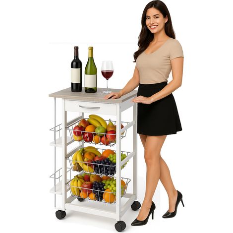 Carrello Cucina in legno 3 Cestelli Acciaio Cassetto e 2 Ripiani Porta Bibite (1/5)