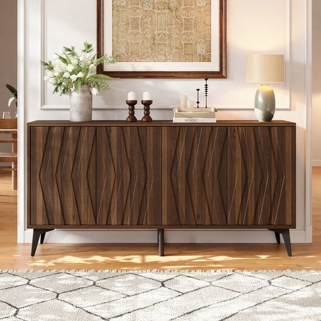 Modernluxe - Buffet 140x35x70 cm - 4 portes et étagères réglables - Style campagnard - Pieds réglables - MDF - Marron (1/5)