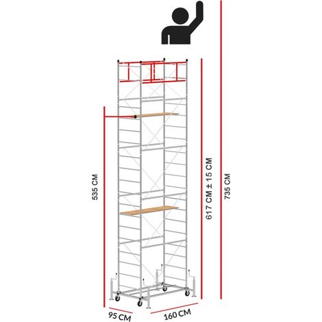 Scedil – Échafaudage 7,35 m – Acier galvanisé électrolytique – Charge maximale 130 kg – Barrière 120 cm – 4 roues avec frein Ø 125 mm