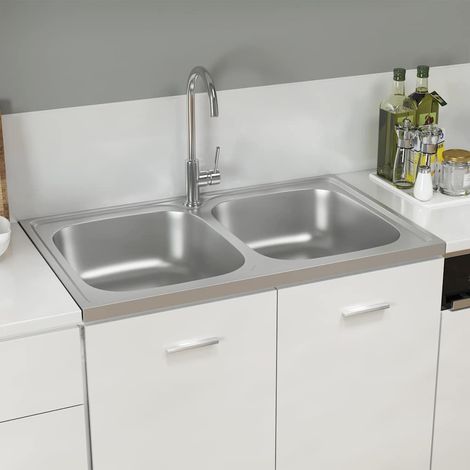 Évier de cuisine double vasque avec égouttoir – 800x500 mm, acier inoxydable SUS argenté, montage en haut, réversible gauche/droite (1/5)