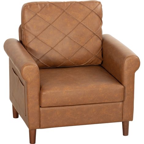 HOMCOM sillón relax, sofá individual, tapizado en PU, cojín grueso, respaldo con costuras, patas de madera maciza para salón, dormitorio, marrón