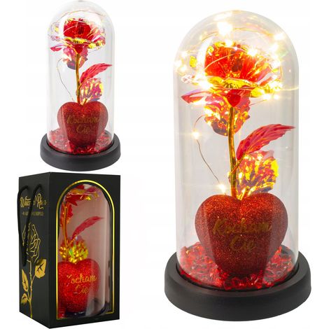 Rosa eterna en cristal, LED, funciona con pilas, cable USB, corazón (1/5)
