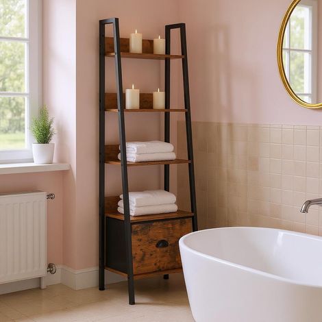 Étagère de Salle de Bain Style échelle 42 x 29 x 141 cm, 5 Niveaux, tiroir en Tissu, Panneaux de Bois de 12 mm et Cadre en métal de 20 mm, paroi arrière de 7,5 cm, Meuble de Salle de Bain (1/4)