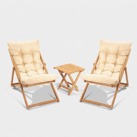 Nerda Klapptisch und 2 Klappstühle aus Holz für Garten und Terrasse - Creme