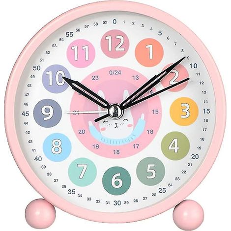 Réveil éducatif pour enfants (garçons/filles), petit réveil de table silencieux et mignon, à piles, réveil analogique 4 pouces pour chambres (rose) (1/5)