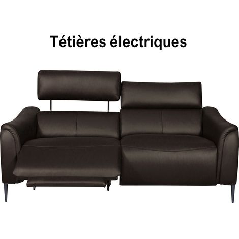Canapé 2 places avec 2 relax en 100% tout cuir épais de luxe italien avec 2 relax électriques et 2 têtières électriques, MILAN, chocolat