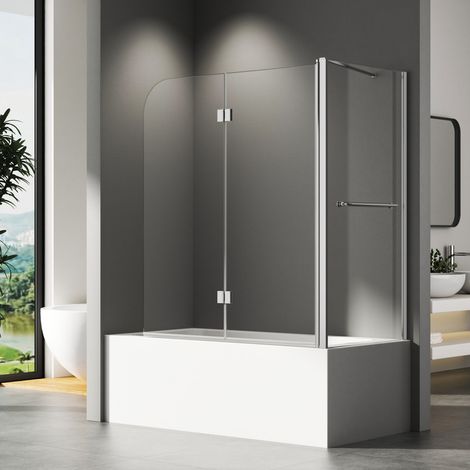 Badewanne Duschwand 70 x 120 x 140 cm mit Seitenwand 2-teilig Faltbar, Faltbar Badewannenaufsatz Duschtrennwand Faltwand aus 6mm Nano Glas (1/5)