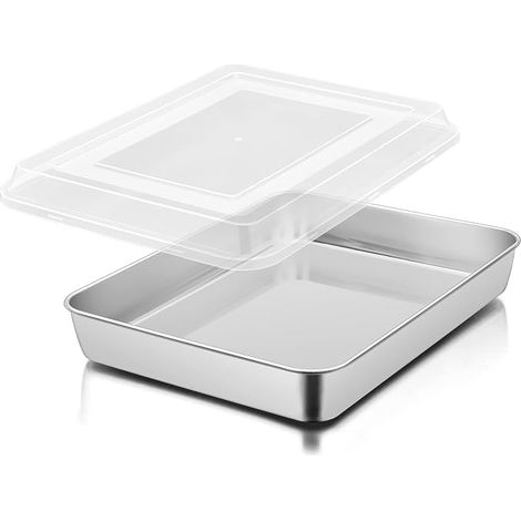 Cake tin, plaque de cuisson profonde avec couvercle, 31x24x5 cm, acier inoxydable, rectangulaire, pour la cuisson, pour les gâteaux brownie, finition miroir et lavable au lave-vaisselle (1/3)