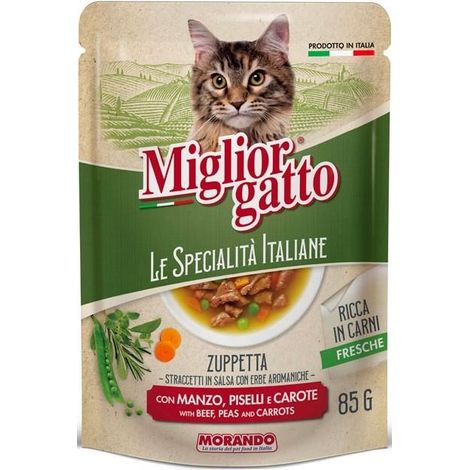 MIGLIOR GATTO ZUPPETTA DI STRACCETTI CON MANZO. PISELLI E CAROTE 85GR