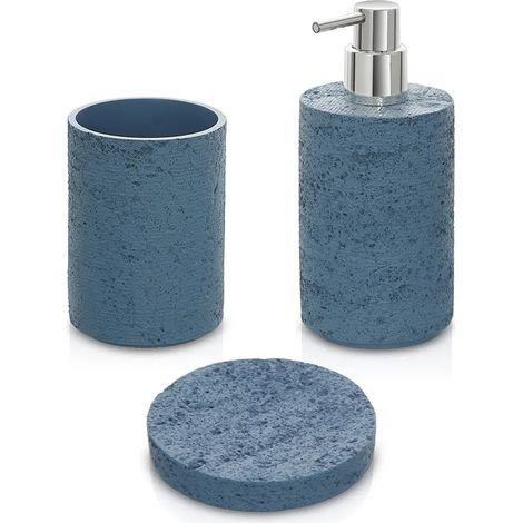 Accessori bagno in set da 3 pezzi turchese cobalto in resina effetto pietra Matera (1/5)