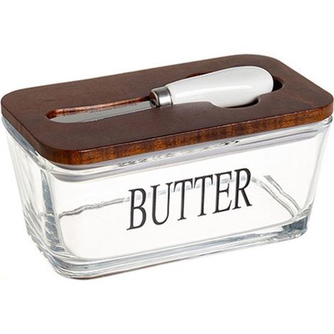 Mantequera, Caja de cristal para mantequilla, Con tapa de bambú y espátula, Caja rectangular para queso, Transparente, de madera, 600 ml (1/5)