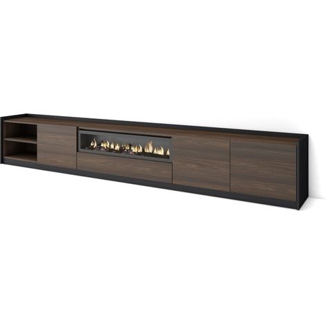 Skraut Home - Mueble TV, Televisión, 310x37x50cm, Para TV hasta 80", Chimenea eléctrica, Roble oscuro y Negro (1/5)