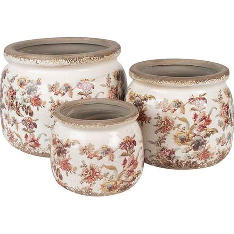 Pot de fleurs céramique motif floral 16x16x13cm – Finition patinée – Élégance vintage pour décoration intérieure – Idéal pour plantes vertes – La Grande Prairie