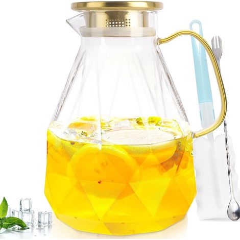 carafe en verre, 2 litre cruche d'eau en verre avec cperchio scellé pour l'eau chaude et froide, café, lait(avec brosse pour tasses &Coaster&cuillère à remuer) (1/5)