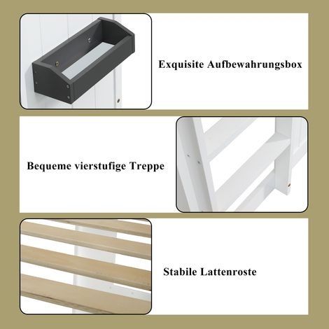 Lit superposé maison avec escalier, barrière de protection et garde-corps, lit enfant avec fenêtre, espace inférieur personnalisable, cadre en pin et MDF, blanc, 90x200 cm (1/5)